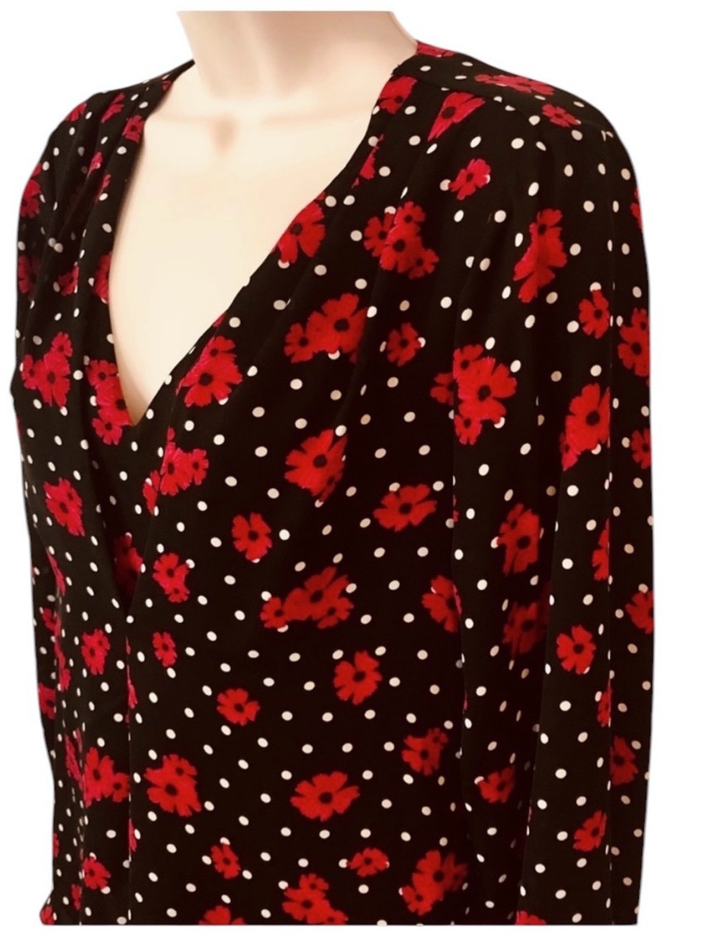 NWT Elle Black Floral V-Neck Long Sleeve Blouse Career Top Size S - Picture 4 of 7